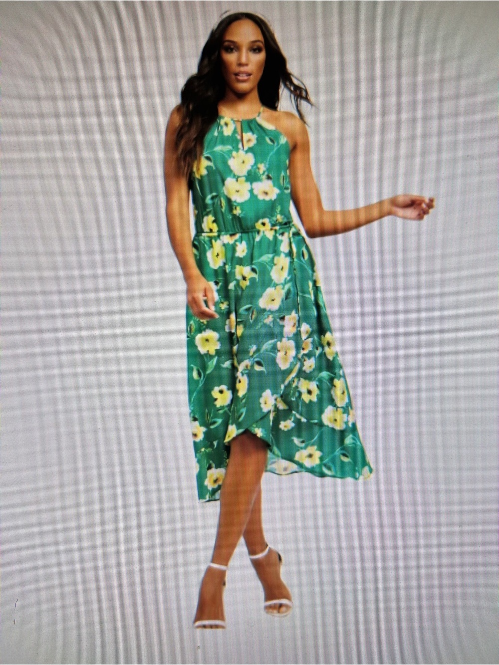 New York & Company Green Floral Halter Midi Dress with Yellow Flowers